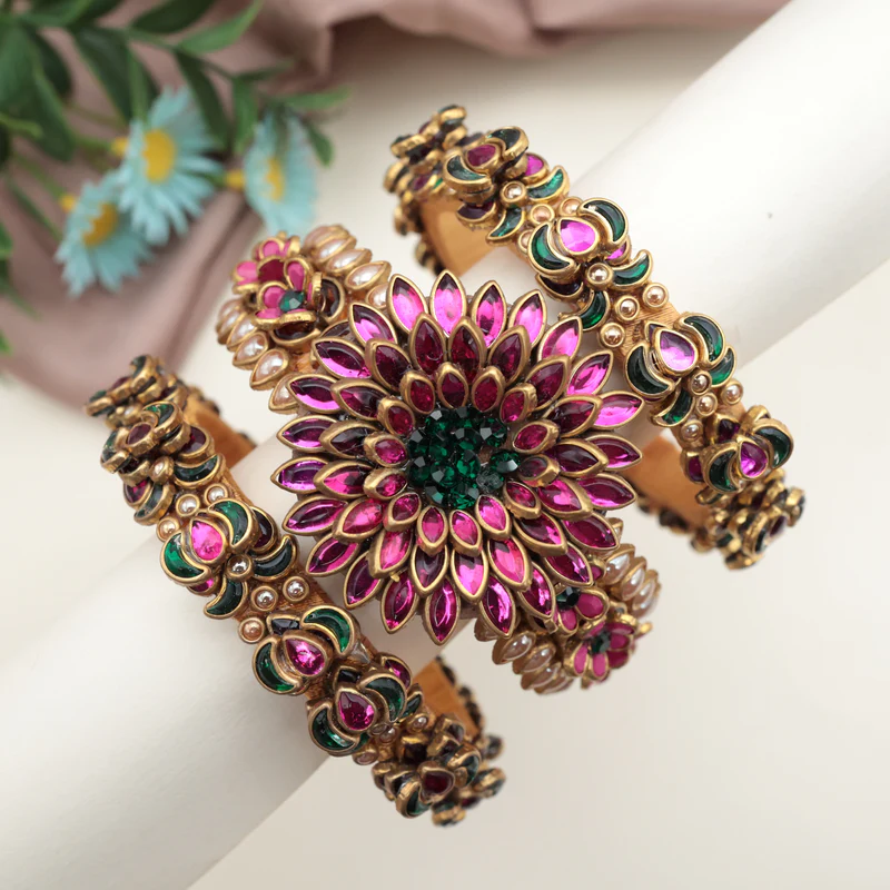 Handmade Silk Thread Kundan 3D Embossed Heavy Bridal Bangles Set - Sunflower